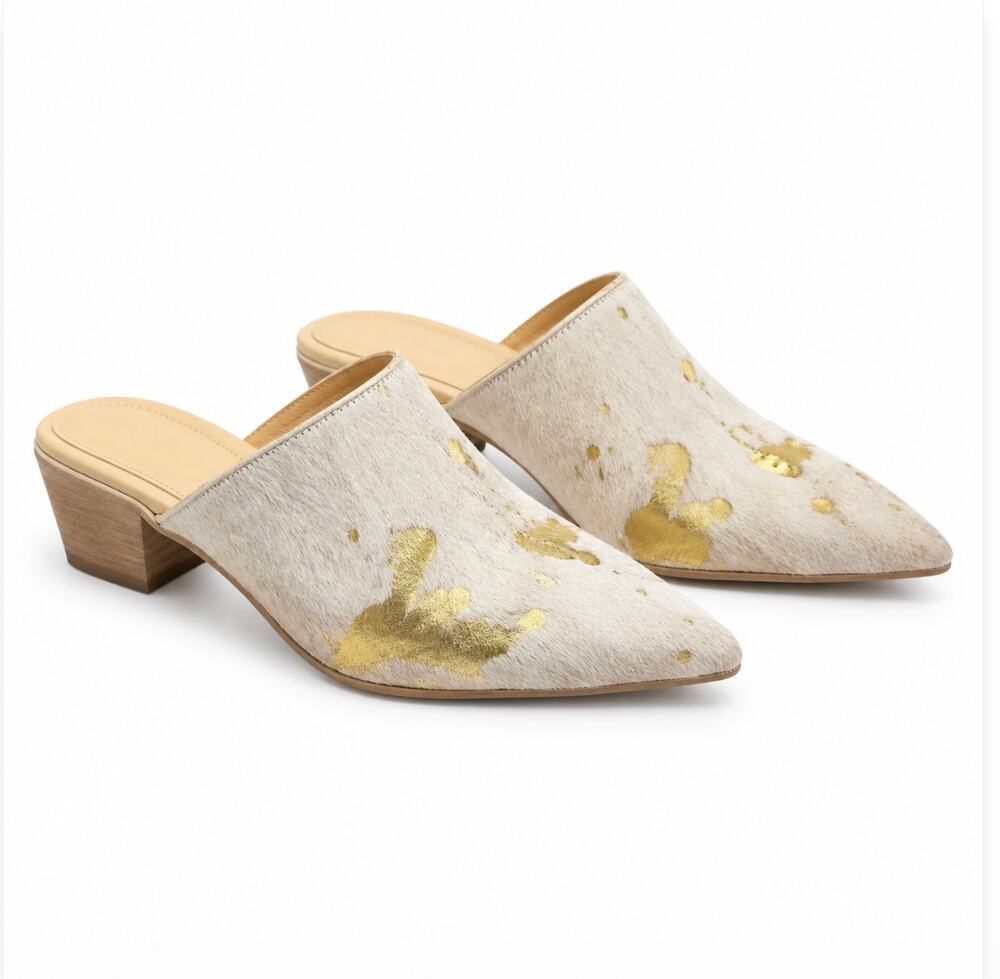 Chocolat Blu Clint Pony Hair Mules Gold Splatter Pointed Toe Slides EU 38 (7.5)